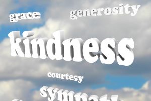 The word Kindness floating in a blue, cloudy sky, with related words and terms such as grace, compassion, generosity, sympathy, goodness and courtesy